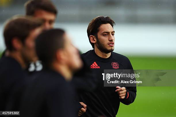 Hakan Calhanoglu attends a Bayer Leverkusen training session ahead of their UEFA Champions League Group C match against Zenit St.Petersburg at...
