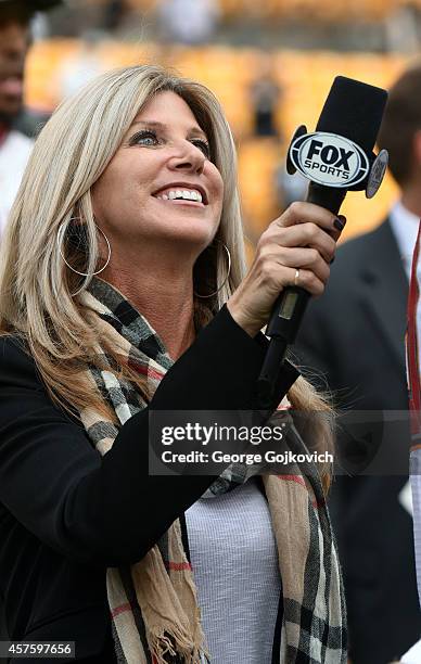 Fox Sports NFL sideline reporter Laura Okmin interviews a player after a National Football League game between the Tampa Bay Buccaneers and the...