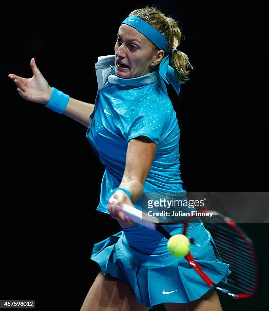 Petra Kvitova of Czech Republic in action in her match against Agnieszka Radwanska of Poland during day two of the BNP Paribas WTA Finals tennis at...