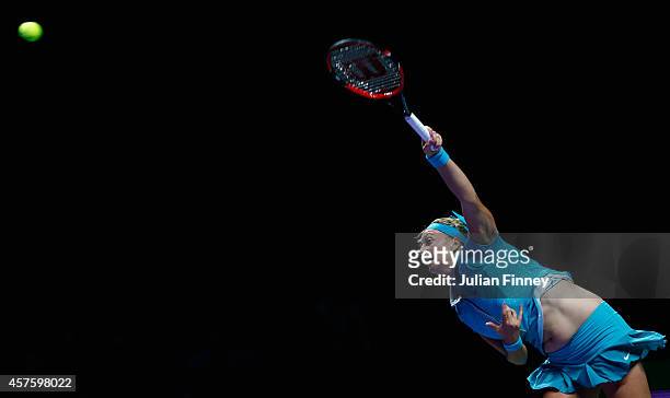 Petra Kvitova of Czech Republic in action in her match against Agnieszka Radwanska of Poland during day two of the BNP Paribas WTA Finals tennis at...