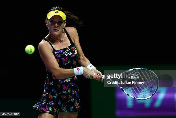 Agnieszka Radwanska of Poland in action in her match against Petra Kvitova of Czech Republic during day two of the BNP Paribas WTA Finals tennis at...