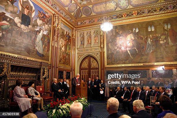 President of Singapore Tony Tan Keng Yam speaks to parliamentarians, and their guests in the Royal Robing Room at the Palace of Westminster on...