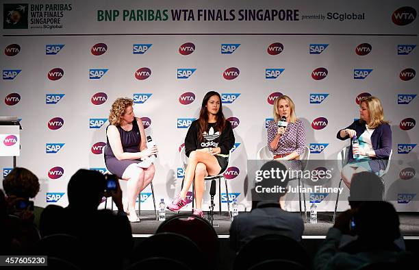 Jenni Lewis of SAP, Ana Ivanovic of Serbia, Tracy Austin and Stacey Allaster talk about SAP's new technology for coaching during day two of the BNP...