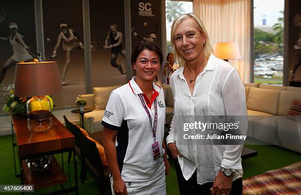 Martina Navratilova visits the hospitality village during day two of the BNP Paribas WTA Finals tennis at the Singapore Sports Hub on October 21,...