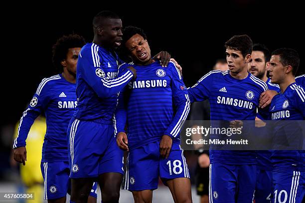 Loic Remy of Chelsea pulls up injured after scoring the opening goal during the UEFA Champions League Group G match between Chelsea FC and NK Maribor...