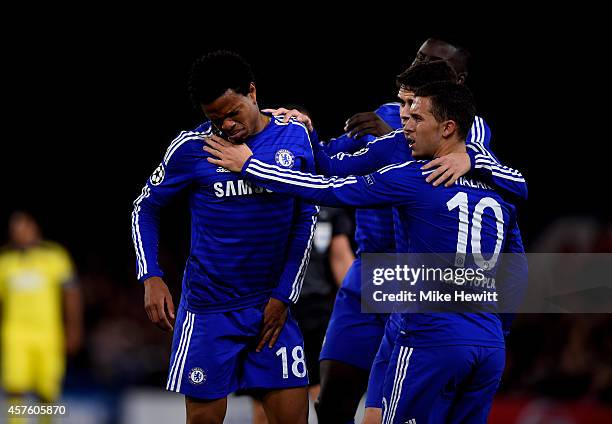 Loic Remy of Chelsea pulls up injured after scoring the opening goal during the UEFA Champions League Group G match between Chelsea FC and NK Maribor...