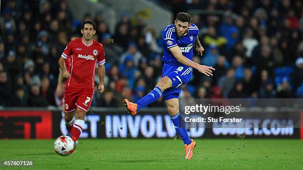 Ipswich player Daryl Murphy shoots to open the scoring during the Sky Bet Championship match between Cardiff City and Ipswich Town at Cardiff City...