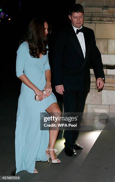 Catherine, Duchess of Cambridge walks with museum director Michael Dixon upon arrival at the Natural History Museum on October 21, 2014 in London,...
