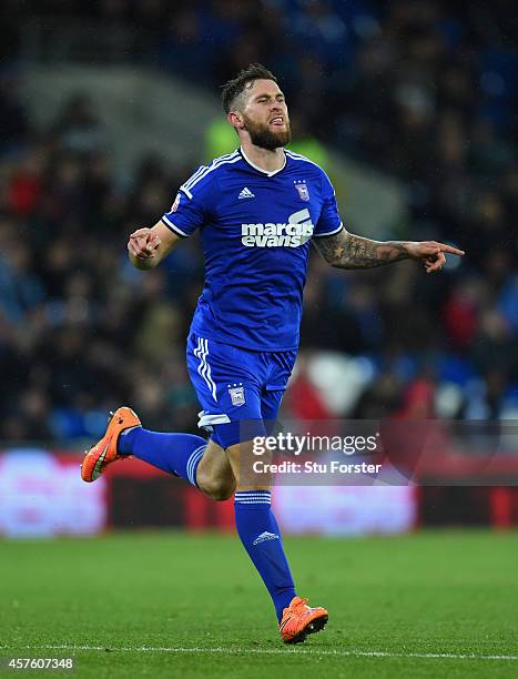 Ipswich player Daryl Murphy celebrates after opening the scoring during the Sky Bet Championship match between Cardiff City and Ipswich Town at...