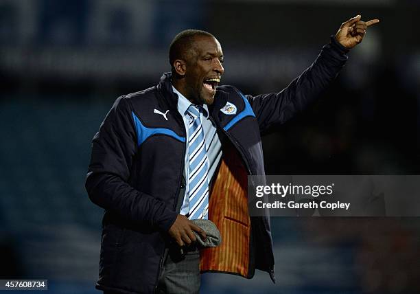 Huddersfield manager Chris Powell directs his team during the Sky Bet Championship match between Huddersfield Town and Brighton & Hove Albion at...