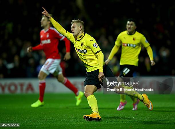 Matej Vydra of Watford celebrates scoring from the penalty spot during the Sky Bet Championship match between Watford and Nottingham Forest at...