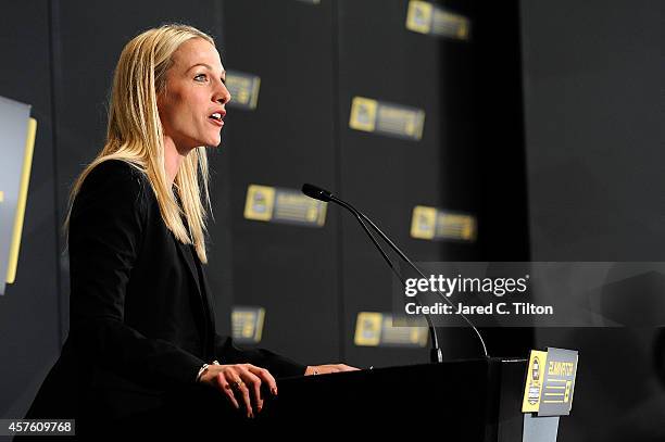 Anchor Lindsay Czarniak speaks with fans during the NASCAR Eliminator Round Media Day at NASCAR Hall of Fame on October 21, 2014 in Charlotte, North...