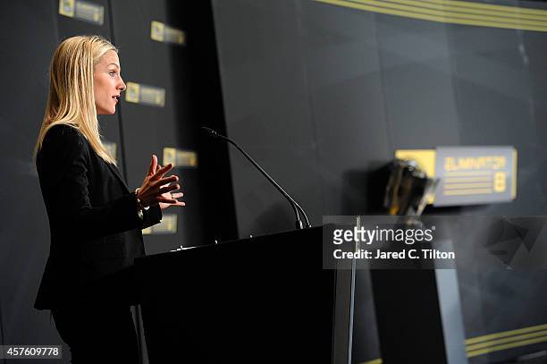 Anchor Lindsay Czarniak speaks with fans during the NASCAR Eliminator Round Media Day at NASCAR Hall of Fame on October 21, 2014 in Charlotte, North...