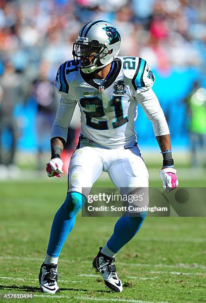 Thomas DeCoud of the Carolina Panthers defends against the Chicago Bears on October 5, 2014 at Bank of America Stadium in Charlotte, North Carolina.