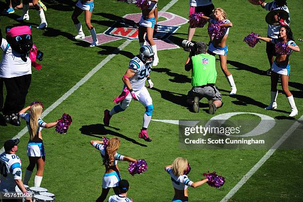 Chase Blackburn of the Carolina Panthers is introduced before the game against the Chicago Bears on October 5, 2014 at Bank of America Stadium in...