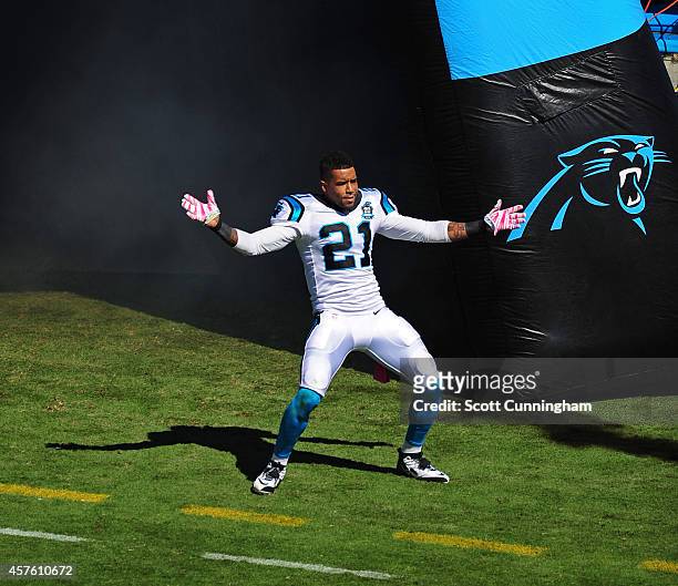 Thomas DeCoud of the Carolina Panthers is introduced before the game against the Chicago Bears on October 5, 2014 at Bank of America Stadium in...