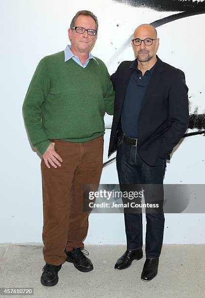 Journalist and discussion moderator Marshall Fine and actor Stanley Tucci pose for a photo prior to a discussion for Stanley Tucci's new cookbook...