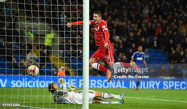Cardiff player Federico Macheda as a shot from Adam Le Fondre beats goalkeeper Dean Gerken for the third Cardiff goal during the Sky Bet Championship...