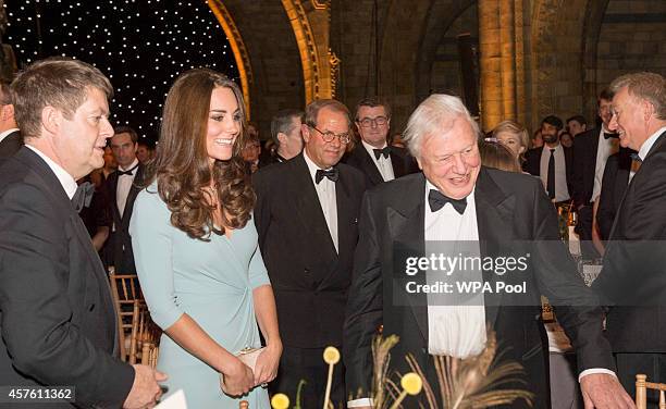 Patron of The Natural History Museum, Catherine, Duchess of Cambridge talks with Sir David Attenborough at the Natural History Museum as she attends...