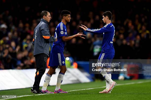 Dominic Solanke of Chelsea comes on as a second half substitute for Oscar of Chelsea during the UEFA Champions League Group G match between Chelsea...