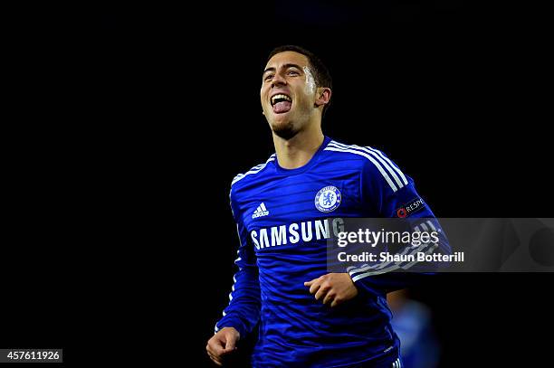 Eden Hazard of Chelsea celerates after scoring his team's sixth goal during the UEFA Champions League Group G match between Chelsea FC and NK Maribor...