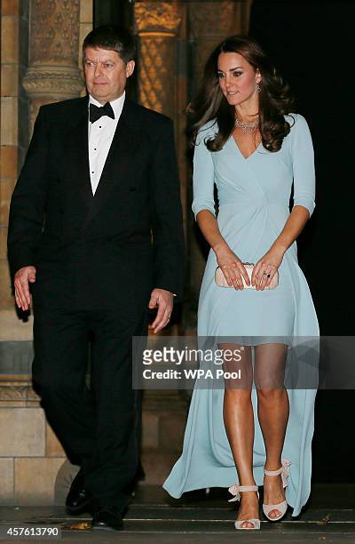 Patron of The Natural History Museum, Catherine, Duchess of Cambridge walks with museum director Michael Dixon ats she leaves the Natural History...