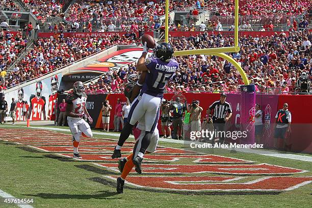 Wide receiver Michael Campanaro of the Baltimore Ravens makes a touchdown reception against Leonard Johnson of the Tampa Bay Buccaneers during an NFL...