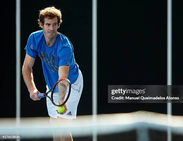 Andy Murray of Great Britain in action during a practice session on Day Two of the ATP 500 World Tour Valencia Open tennis tournament at the Ciudad...