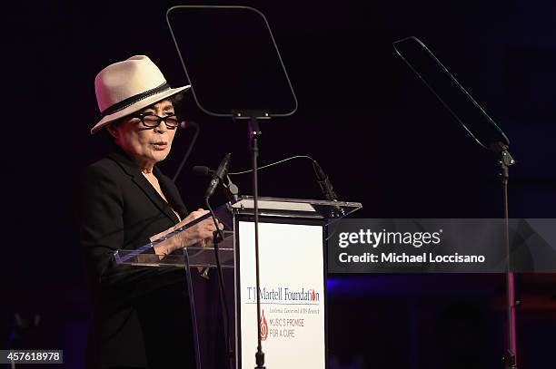 Yoko Ono speaks onstage at the T.J. Martell Foundation's 39th Annual New York Honors Gala at Cipriani 42nd Street on October 21, 2014 in New York...