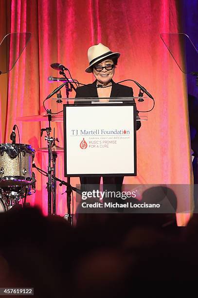 Yoko Ono speaks onstage at the T.J. Martell Foundation's 39th Annual New York Honors Gala at Cipriani 42nd Street on October 21, 2014 in New York...
