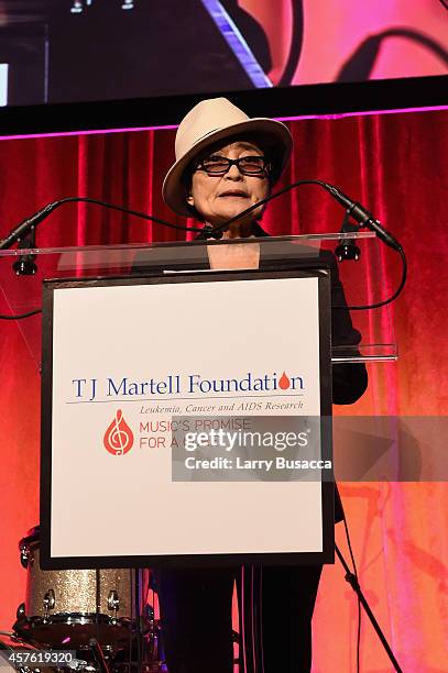 Yoko Ono speaks onstage at the T.J. Martell Foundation's 39th Annual New York Honors Gala at Cipriani 42nd Street on October 21, 2014 in New York...