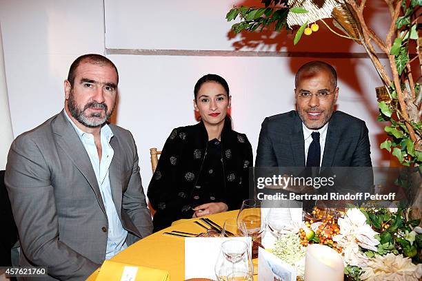 Eric Cantona, his wife Rachida Brakni and galerist Kamel Mennour attend the 'Diner des Amis du Musee d'Art Moderne' at Musee d'Art Moderne on October...