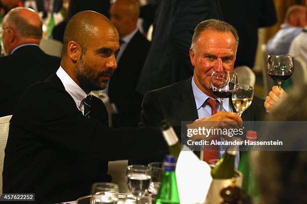 Josep Guardiola, head coach of Muenchen attends with Karl-Heinz Rummenigge , CEO of Bayern Muenchen AG the FC Bayern Muenchen Champions Banquet at...