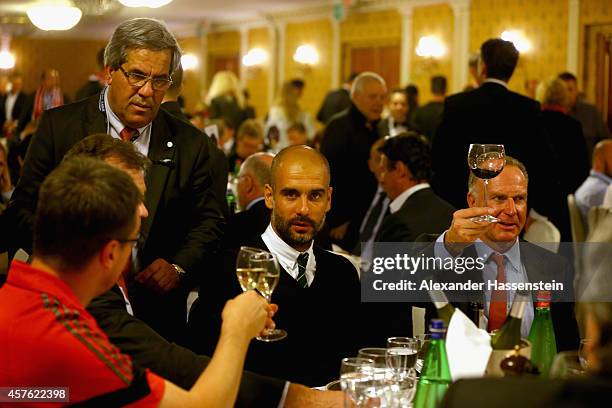 Josep Guardiola , head coach of Muenchen attends with Karl-Heinz Rummenigge , CEO of Bayern Muenchen AG the FC Bayern Muenchen Champions Banquet at...