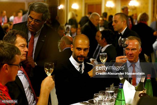 Josep Guardiola , head coach of Muenchen attends with Karl-Heinz Rummenigge , CEO of Bayern Muenchen AG the FC Bayern Muenchen Champions Banquet at...