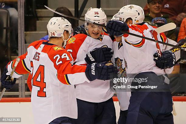 Aleksander Barkov of the Florida Panthers celebrates his second period goal with his teammates as they take a 2-0 lead over the Colorado Avalanche in...