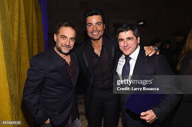 Musician Gabriel Vicentico, singer Chayanne, and Chairman and CEO, Sony Music Entertainment Latin Iberia Afo Verde pose backstage at the T.J. Martell...