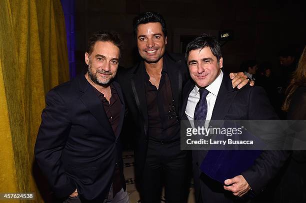 Musician Gabriel Vicentico, singer Chayanne, and Chairman and CEO, Sony Music Entertainment Latin Iberia Afo Verde pose backstage at the T.J. Martell...