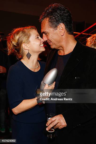 Annette Frier and her partner Johannes Wuensche attend the 18th Annual German Comedy Awards at Coloneum on October 21, 2014 in Cologne, Germany. The...