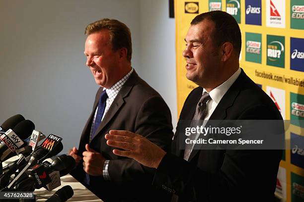 Australian Rugby CEO Bill Pulver and newly appointed Australian Wallabies coach Michael Cheika share a laugh during an Australian Wallabies press...