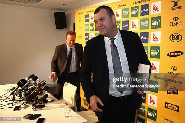 Newly appointed Australian Wallabies coach Michael Cheika and Australian Rugby CEO Bill Pulver leave an Australian Wallabies press conference at ARU...
