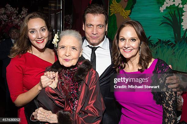 Adriana McPhee, Julie Wilson and Holt McCallany attend Julie Wilson's 90th Birthday at Chez Josephina on October 21, 2014 in New York City.