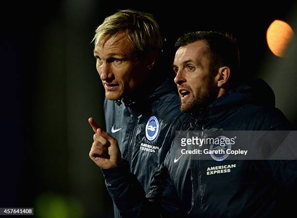 Brighton manager Sami Hyypia with assistant manager Nathan Jones during the Sky Bet Championship match between Huddersfield Town and Brighton & Hove...