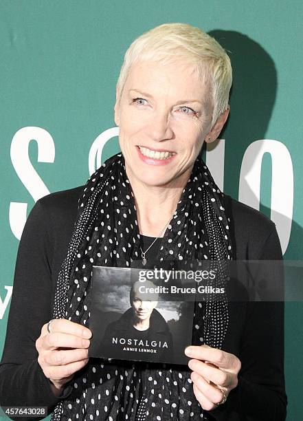 Annie Lennox signs copies of her new album "Nostalgia" at Barnes & Noble Union Square on October 21, 2014 in New York City.