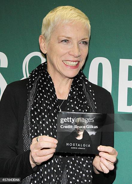 Annie Lennox signs copies of her new album "Nostalgia" at Barnes & Noble Union Square on October 21, 2014 in New York City.