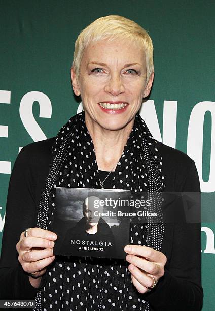 Annie Lennox signs copies of her new album "Nostalgia" at Barnes & Noble Union Square on October 21, 2014 in New York City.