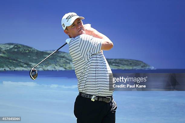 Jason Dufner of the United States watches his tee shot on the 15th hole during the 2014 Perth International Pro-Am at Lake Karrinyup Country Club on...