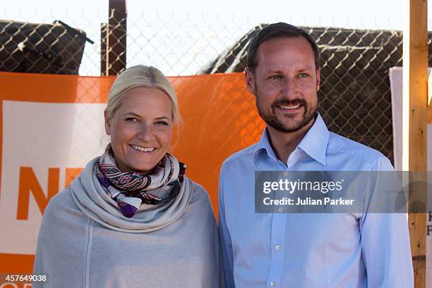 Crown Prince Haakon of Norway and Crown Princess Mette-Marit of Norway on a two day visit to Jordan, at Zaatari Refugee Camp on October 21, 2014 in...