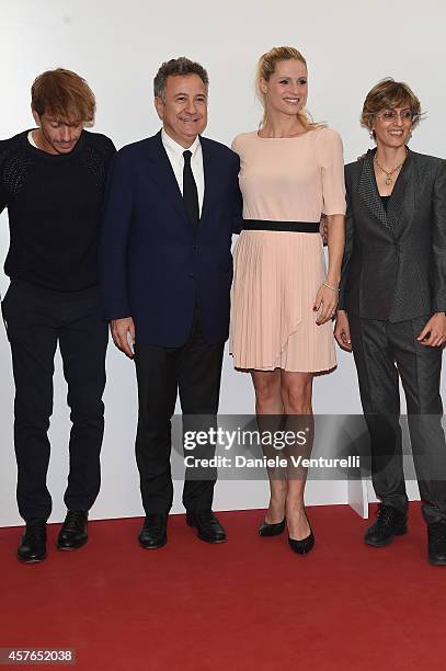 Giorgio Pasotti, Paolo Del Brocco, Michelle Hunziker and Giulia Bongiorno attend 'Doppia Difesa' Photocall during the 9th Rome Film Festival at...