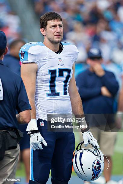 Kris Durham of the Tennessee Titans on the sidelines during a game against the Jacksonville Jaguars at LP Field on October 12, 2014 in Nashville,...